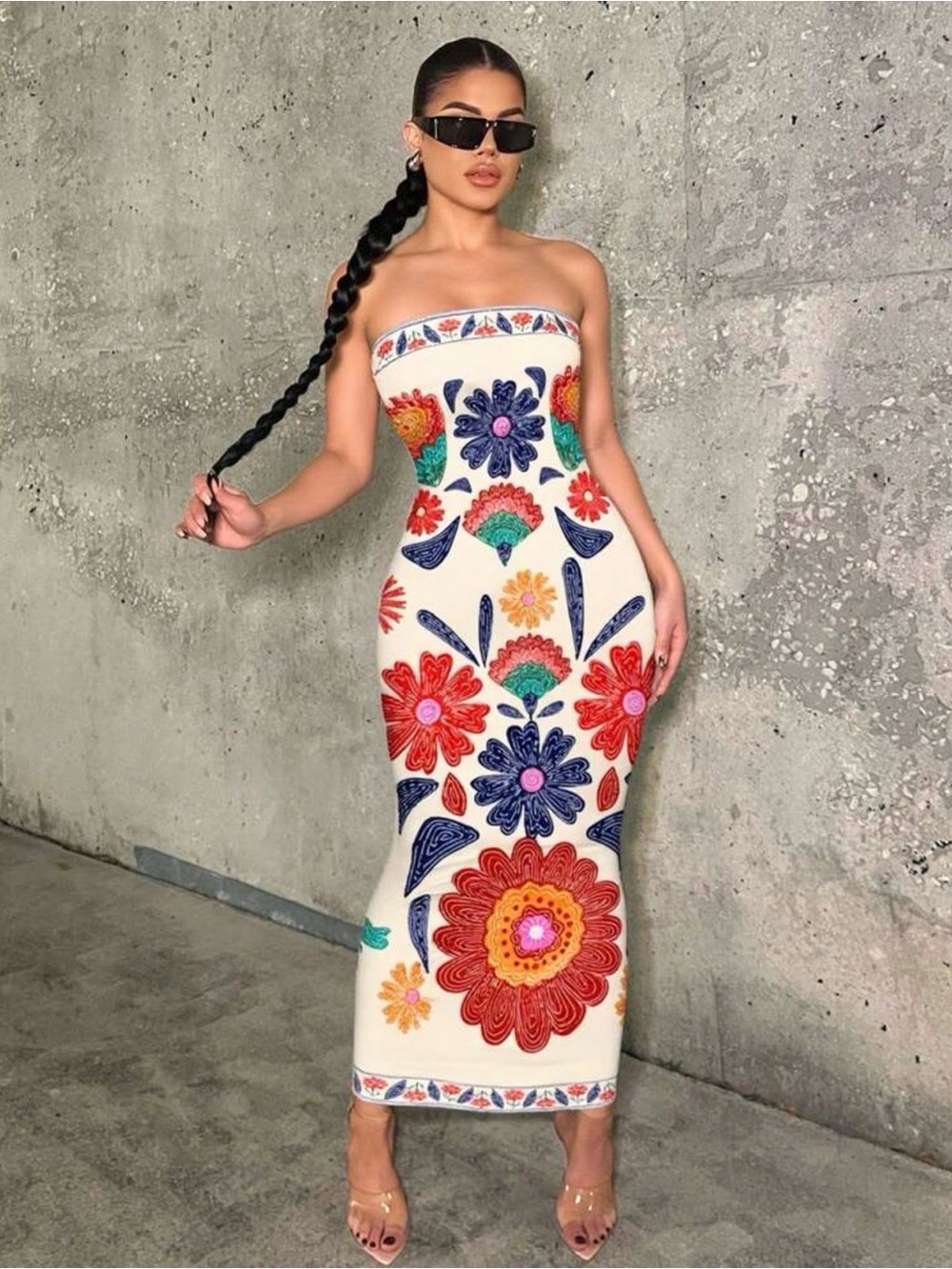 Strapless Cream Bodycon Dress with Multicolor Floral Embroidery